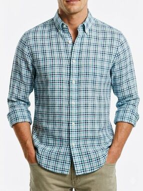 J. HILBURN Men’s 100% Linen White Blue Green Plaid Button Down Shirt